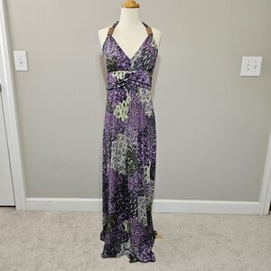 Claudia Richard Purple Peacock Paisley Halter Maxi Dress Beaded Neck Open Back S